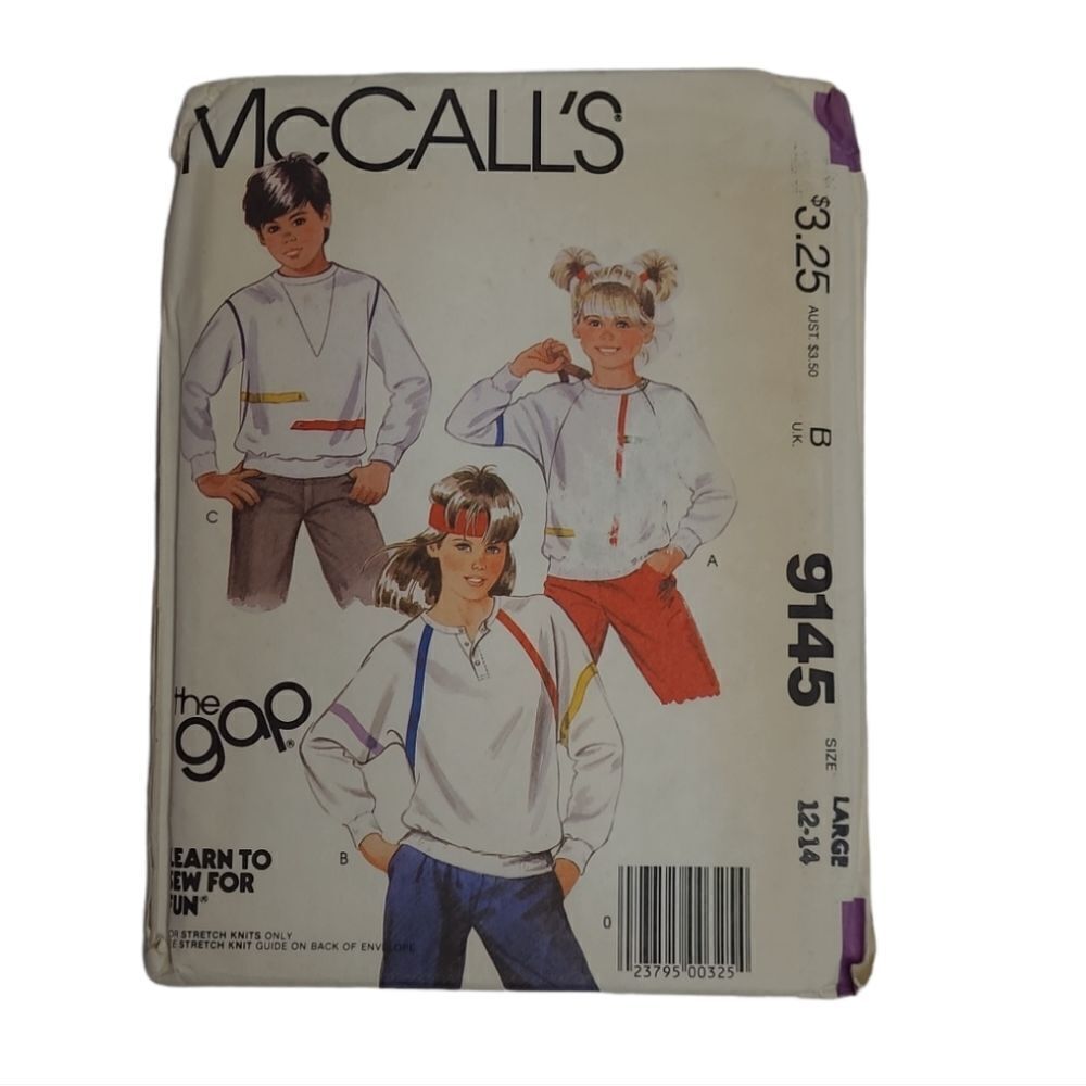 VINTAGE 80s Gap McCall's 9145 athleisure sweatshirt unisex‎ kids pattern L 12-14